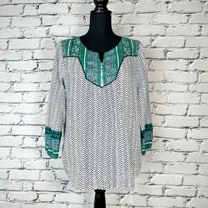 Lucky Brand Women’s 3/4 Sleeve Boho white Turquoise Top Blouse Paisley Sz Medium
